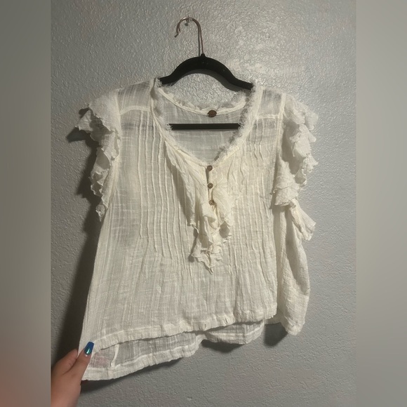Free People Naya Top Alabaster Fp One V Neck Ruffle Button Blouse - Picture 8 of 10